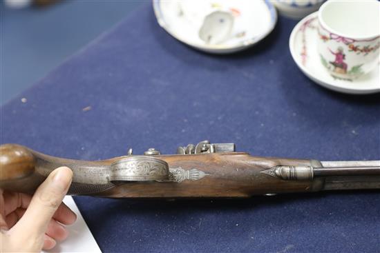 Gardner, Newcastle. A cased pair of early 19th century flintlock holster pistols, by Gardner, Newcastle, pistols 14in. (hammers broken